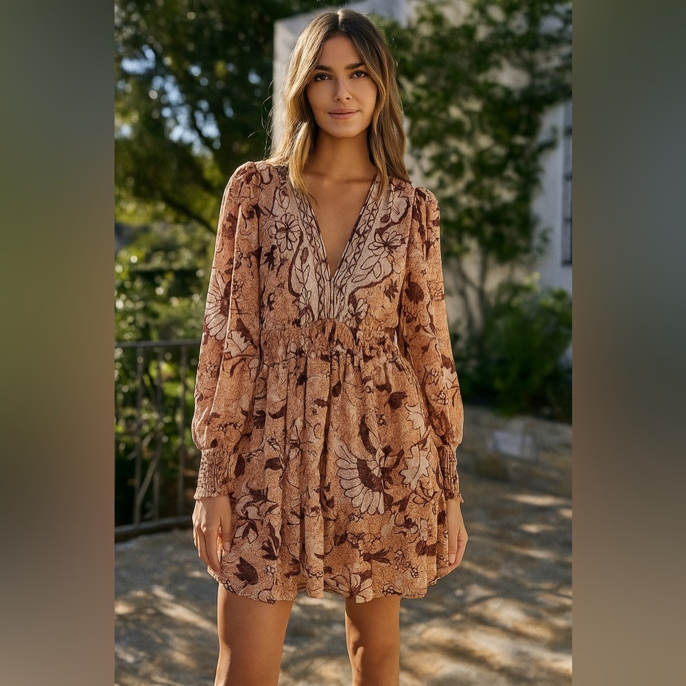 O.P.T Degage Floral Boho Long Sleeve Mini Dress Brown Pink Size Small NWT